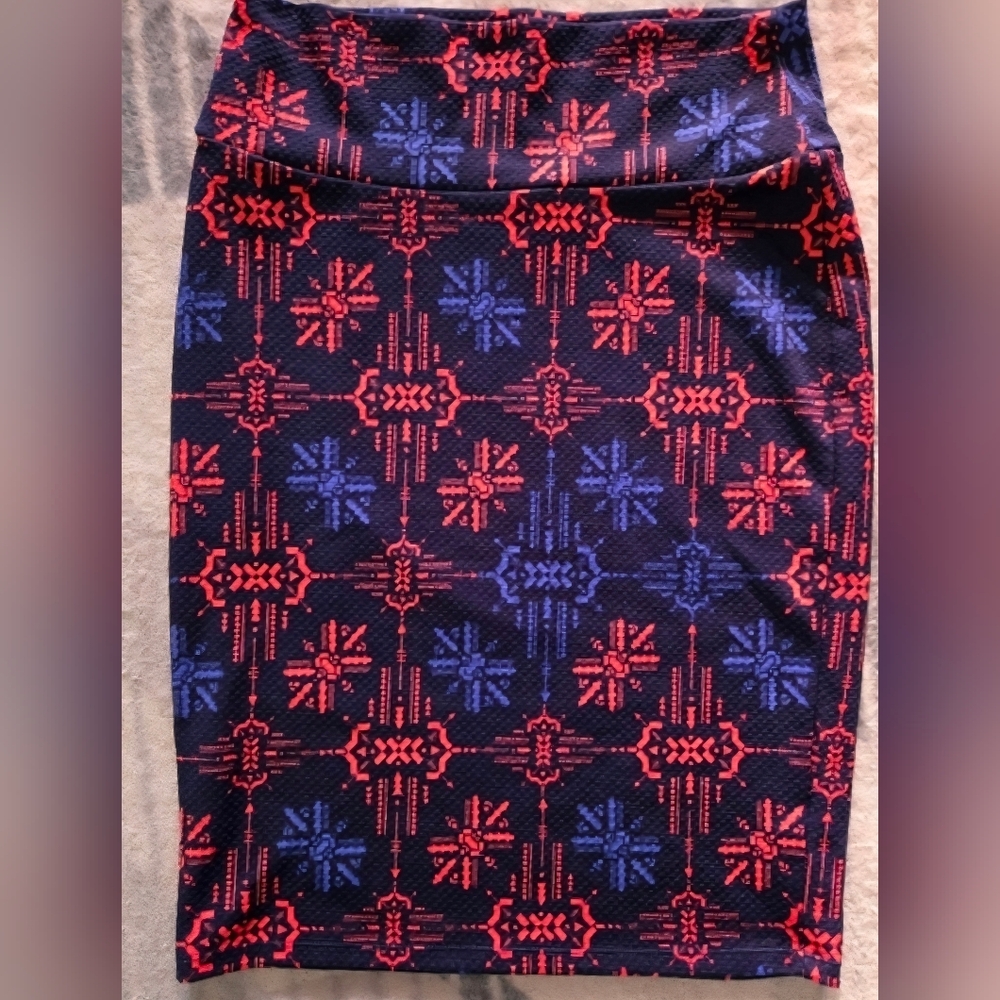 LulaRoe Cassie Pencil Skirt Coral Orange/Blue Print S